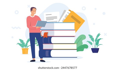 Student und Bücher für Selbstentwicklung - Mann mit Laptop im Stehen, der Kurs oder Schularbeit macht. Bildung- und Wissenskonzept in flacher Design-Vektorillustration mit weißem Hintergrund