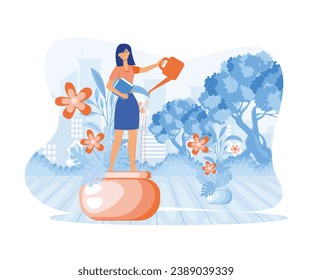 Self development Tiny woman in flowerpot watering herself. Metaphor growth personality as plant. flat vector modern illustration 