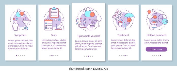 Self diagnosis onboarding mobile app page screen vector template. Depression treatment. Mental health. Walkthrough website steps with linear illustrations. UX, UI, GUI smartphone interface concept