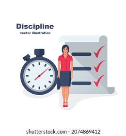 Self discipline concept. All deal and tasks are completed. Vector illustration flat design. Isolated on white background. Control management character. Modern woman controlling himself.