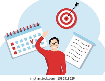 Self discipline concept. Deal and tasks are completed. Vector illustration flat design. Isolated on white background. Control management character. 