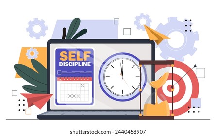 Self discipline concept. Laptop with timers and hourglass. Deadline, goal and task settings. Time management and efficient workflow. Cartoon flat vector illustration isolated on white background