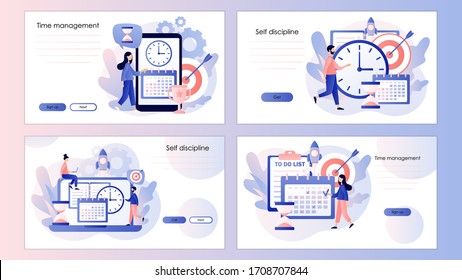 Self Discipline concept. Time management, self control. Screen template for mobile smart phone, landing page, template, ui, web, mobile app, poster, banner, flyer. Modern flat cartoon style. Vector
