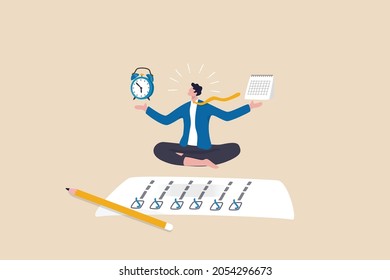 Self discipline or self control to complete work or achieve business target, time management to increase productivity concept, businessman meditate balancing clock and calendar on completed task paper