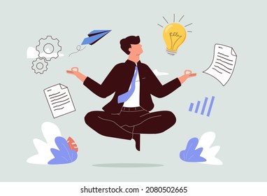 Self discipline or self control to complete work or achieve business target, time management to increase productivity concept, businessman meditate balancing clock and calendar on completed task paper