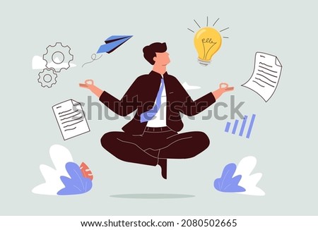 Self discipline or self control to complete work or achieve business target, time management to increase productivity concept, businessman meditate balancing clock and calendar on completed task paper