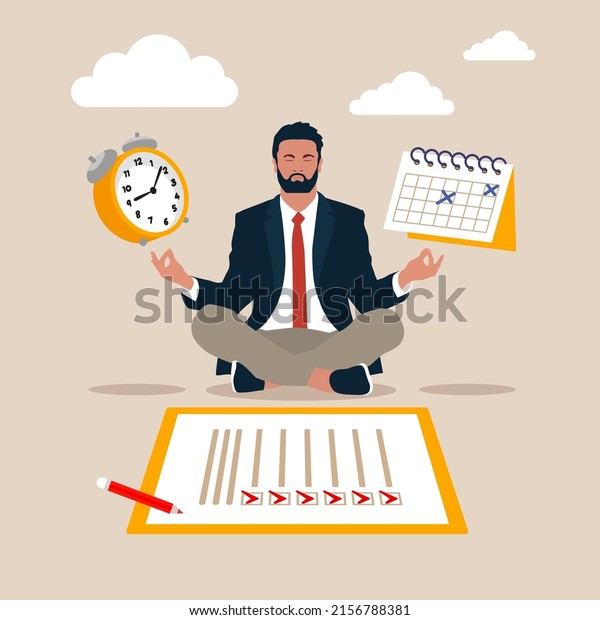 Self discipline or self control to complete work or\
achieve business target, time management to increase productivity\
concept, businessman meditate balancing clock and calendar on\
completed task paper