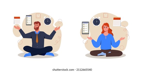 Self discipline or self control. Set of man and woman sit in lotus position, manage time and complete work. Achieving success in business. Cartoon flat vector collection isolated on white background