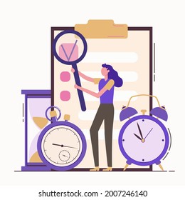 Ilustración de concepto plano de autodisciplina con elementos de administración del tiempo. Ilustración vectorial sobre fondo blanco.