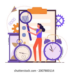 Self discipline flat concept illustration with time management elements. Vector illustration on white background.