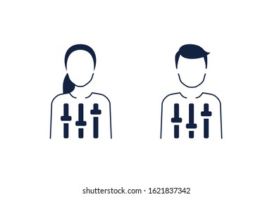 Self discipline icon  - character (man or woman) with settings controller inside - personal behavior training emblem - isolated monochrome vector logo