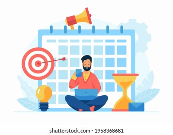 Self discipline and motivation concept flat vector illustration. Cartoon businessman sitting with laptop and working. Successful business planning. Self-management, profesional growth, time management