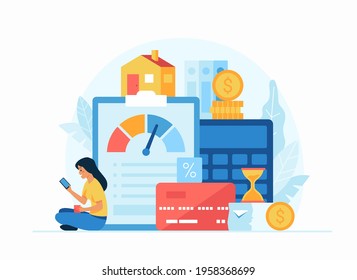 Self discipline and motivation concept. FLat vector illustration. Female cartoon character using mobile application for self management, planning and productivity. Self employment, time management