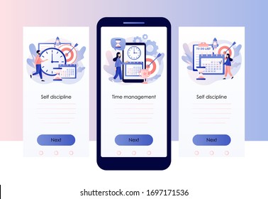 Self Discipline and Motivation concept. Time management, self control, self management, target, productivity metaphors. Screen template for mobile smart phone. Modern flat cartoon style. Vector