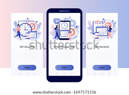 Self Discipline and Motivation concept. Time management, self control, self management, target, productivity metaphors. Screen template for mobile smart phone. Modern flat cartoon style. Vector