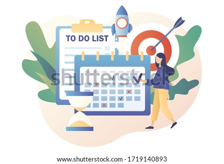 Self Discipline and Motivation concept. Time management, self control, target, productivity metaphors. Modern flat cartoon style. Vector illustration on white background