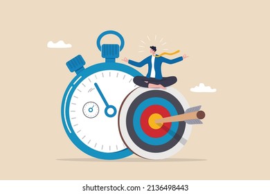 Self discipline, professional to finish work or achieve goal before deadline, time management, productivity to reach target in timely manner concept, calm businessman meditate on target and stopwatch. - Shutterstock ID 2136498443
