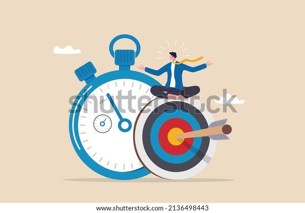 Self discipline, professional to finish work\
or achieve goal before deadline, time management, productivity to\
reach target in timely manner concept, calm businessman meditate on\
target and stopwatch.