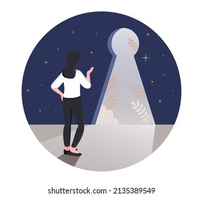 Self discovery concept. Girl stands in front of keyhole. Mindfulness and reflection, psychology and mental health. Personality development, imagination and freedom. Cartoon flat vector illustration