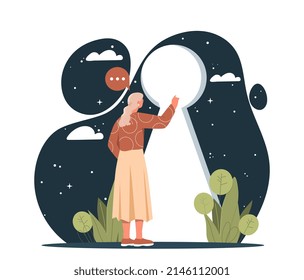 Self discovery concept. Woman stands in front of scientific well. Consciousness and self development. Psychology and mental insights. Space and galaxy, universes. Cartoon flat vector illustration