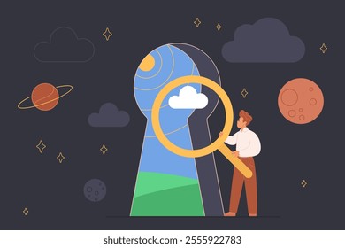 Self discovery, dreams, journey to freedom, optimistic positive thoughts. Tiny man holding magnifying glass to explore bright world inside big door keyhole before adventure cartoon vector illustration