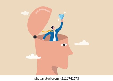 Self discovery, finding yourself searching for self value, success dream or meaning of life, exploration, inner or inside concept, happy businessman succeed finding valuable diamond inside his head.