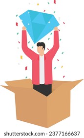Self discovery, finding yourself searching for self value success, dream or meaning of life, exploration, inner or inside concept, happy businessman with his hand succeed in finding a valuable diamond