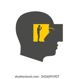 Self discovery, finding yourself searching for self value, success dream or meaning of life, exploration, inner or inside concept. A person looking inside his head. Searching of belief.