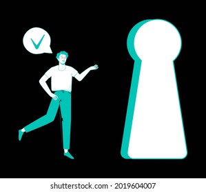 Self discovery and identity finding with cognitive search tiny person concept. Personality development with inside freedom feeling and belief in yourself future vector illustration. Keyhole sneak peek