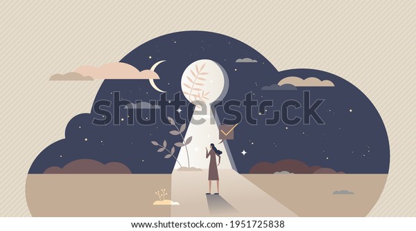 Self discovery and identity finding with cognitive\
search tiny person concept. Personality development with inside\
freedom feeling and belief in yourself future vector illustration.\
Keyhole sneak peek