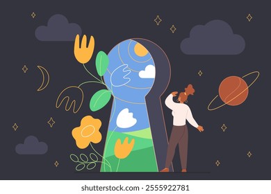 Self discovery, identity search and find, personality development, thoughts and thinking improvement. Tiny girl standing at big keyhole to explore bright world and freedom cartoon vector illustration