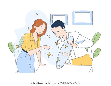 Autodescubrimiento simple. Mujer cerca del espejo con un hombre en uniforme médico. Psiquiatra con cliente. Psicología y salud mental. Doodle ilustración vectorial plana aislada sobre fondo blanco