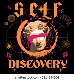 Self discovery slogan text with greek statue and spray vector pritn design for tee and poster