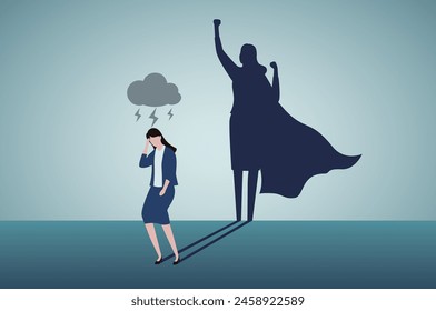 Self doubt businesswoman standing with his super hero shadow on wall. Mental problems, psychological pressure. Self confidence or leadership to bring full potential and strength. Motivation concept.