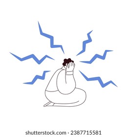 Self doubt. Fears. Emotional burnout, depression and fatigue guy. Young man feeling exhausted. Black and white modern flat vector illustration