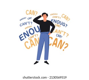 Self doubt, imposter syndrome or personal incompetence, confusion or no confidence to make decision or not good enough thinking concept, self doubt businessman thinking if he can or cannot make it.