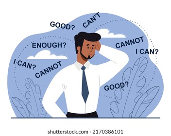 Self doubt and imposter syndrome. Young male entrepreneur with low self esteem feels insecure when making decisions. Negative thinking and mental problems. Cartoon modern flat vector illustration