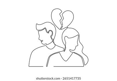 Self drawing animation of single line draw broken heart carried by man woman. Divorce heartache, Divorce heartache concept. Family conflict. Break up relationship.