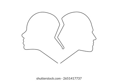 Self drawing animation of single line draw broken heart carried by man woman. Divorce heartache, Divorce heartache concept. Family conflict. Break up relationship.