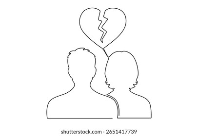 Self drawing animation of single line draw broken heart carried by man woman. Divorce heartache, Divorce heartache concept. Family conflict. Break up relationship.