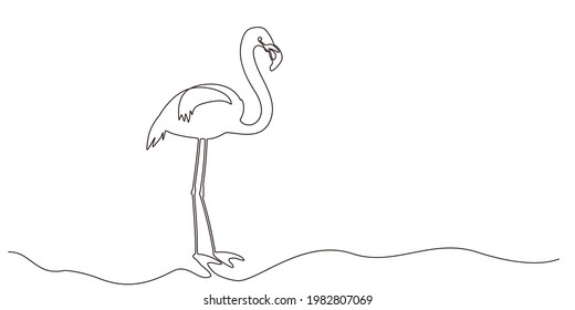 Self drawing flamingo bird one line. Simple continuous one black line drawing of tropical bird flamingo on white background. Trendy summer design. Vector illustration