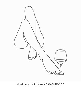 Self Drawing of one line Vector girl's leg with a glass of wine. Self-drawing a simple of one continuous line. sketch vector drawing. One line drawing of woman legs.