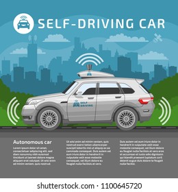 Self drive car vector illustration and mockup. Autonomous driverless sensor smart vehicle with city background.