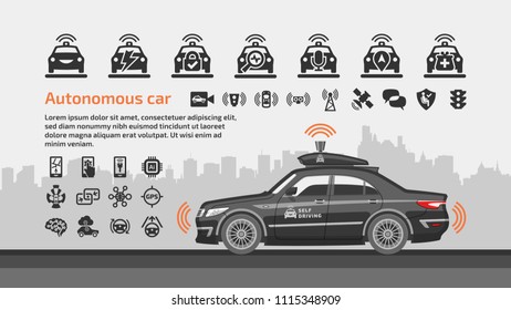 Self driving autonomous car vector illustration with icons and city background.