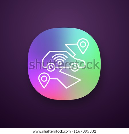 Self driving car app icon. Smart navigation. Setting pickup, drop off locations. Driverless auto route. Autonomous automobile. UI/UX interface. Web or mobile application. Vector isolated illustration