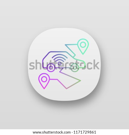 Self driving car app icon. Smart navigation. Setting pickup and drop off locations. Driverless auto route. Autonomous automobile. UI/UX user interface. Web application. Vector isolated illustration