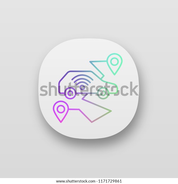 Self driving car app icon. Smart navigation.\
Setting pickup and drop off locations. Driverless auto route.\
Autonomous automobile. UI/UX user interface. Web application.\
Vector isolated\
illustration