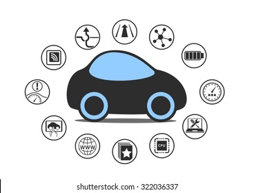 Self Driving Car And Autonomous Vehicle Concept. Icon Of Driverless Car With Sensors Like Lane Assistance, Head Up Display, Wireless Connectivity.