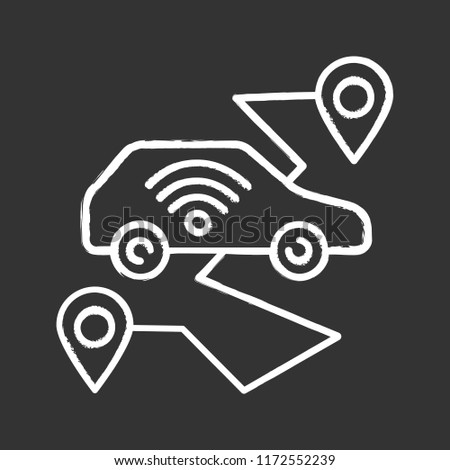 Self driving car chalk icon. Smart navigation. Setting pickup and drop off locations. Driverless auto route. Autonomous automobile. Isolated vector chalkboard illustration