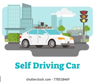 Self Driving Car with City Background, Flat Vector Illustration. 